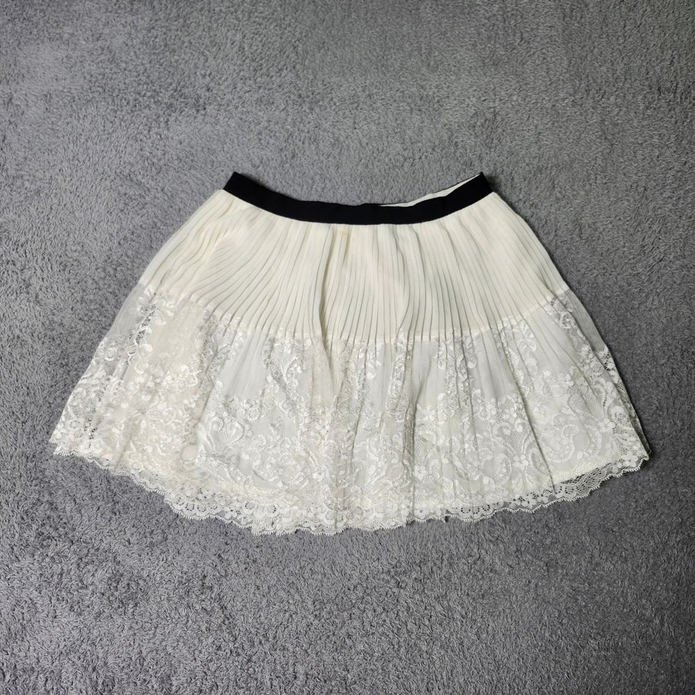 Divided H&M Womens 4 Mini Skirt Cream Pleated Lace Trim Chiffon Contrast Waist
